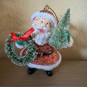 Glittery Santa with Christmas Tree and Holiday Wreath Ornament